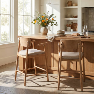 Counter height bar stools set of 2 in natural rubberwood with beige padded backs