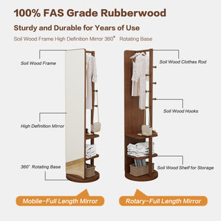 Full-body mirror, solid wood + rubber wood + glass, 19.6*68.8in(mirror width:15.7in) Large mirror for viewing the whole body, easy to dress and tidy up and place in the bedroom/living room (Walnut)