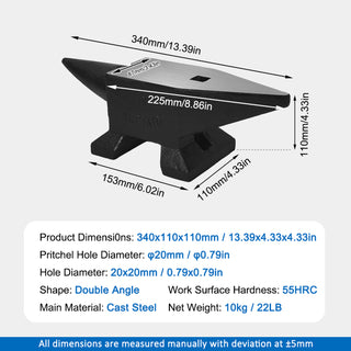 Heavy-Duty Cast Steel Anvil, 22 lbs Single Horn with Large Countertop, High Hardness for Blacksmithing