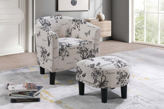 Vintage Design-Inspired White Accent Chair w Ottoman Fabric Upholstered Round Backrest Compact Chair