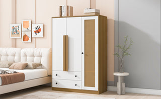
3-Doors Wooden Rattan Wardrobe Storage for Bedroom,with 2 Drawers,White+Nature
