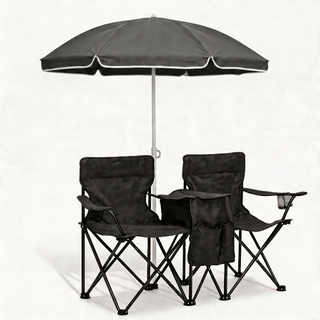 Portable Folding Picnic Chair Set with Umbrella, 2-Person Outdoor Camping Chairs Cup Holders, Foldable Beach Chair Set for Patio, Camping, Backyard, Black