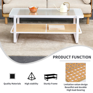 Modern Minimalist White Double-Layered Solid Wood Coffee Table with Glass Top and Imitation Rattan Edge, Rectangular Table for Living Room, Dining Room, and Bedroom
