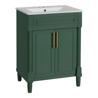 Modern Green Bathroom Vanity with Integrated Ceramic Sink, 2-Door Cabinet, 24' Single Sink for Small to Medium Bathrooms