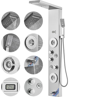 Shower Panel System, 6 Shower Modes, LED & Display Shower Panel Tower, Rainfall, Waterfall, 4 Body Massage Jets, Tub Spout, Handheld Shower Head 59' Hose, Stainless Steel Wall-Mounted Shower Set