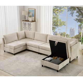 [New Arrival] Modular U-Shaped Sectional Sofa with Storage Ottoman – 6-Seat Convertible Chenille Couch, Beige, Video Provided
