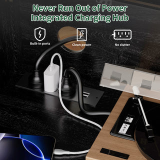 Record Player Stand with Power Outlet & Flip-Down Lid – 27.6" Turntable Table for 300+ Vinyls, Black Wood Grain Media Console with 2 Drawers