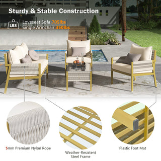 K&K 4-Piece Rope Patio Furniture Set - Outdoor Conversation Set with Tempered Glass Table, Deep Seating & Thick Cushions for Backyard, Porch, Balcony (Beige & Mustard Yellow)