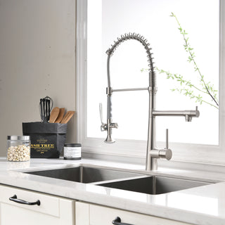 Heavy-Duty Commercial Kitchen Faucet | High-Arc Pre-Rinse Spring Sprayer in Brushed Nickel