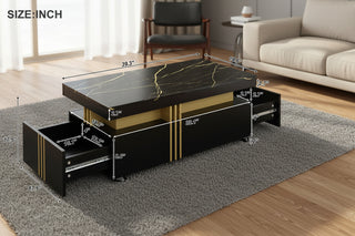 Black Faux Marble Contemporary Coffee Table with Gold Accents &amp; Caster Wheels