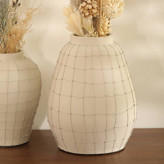 Leianna LARGE Handmade Terracotta Vase w/ Wireframe Design | 15.5" Tall Off White Planter | Contemporary Decorative Floor/Desktop Centerpiece | Indoor Use Only