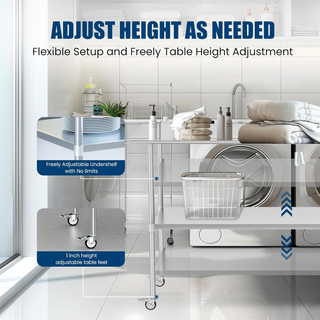 30x60 Inch Stainless Steel Table with Wheels | Commercial Metal Prep Table with Adjustable Undershelf