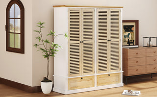 4 Shutter Door Wardrobe Armoire Closet with 2 Drawers, Natural and White