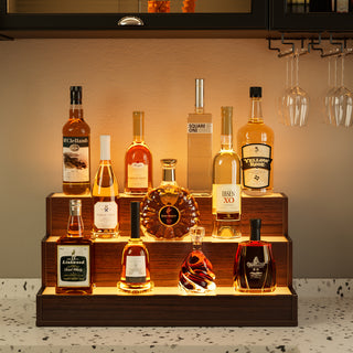 24" Walnut LED Liquor Bottle Display Shelf (3 Step) | App & Remote Control Illuminated Bar Stand