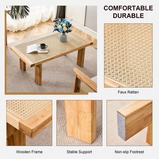  Modern Rectangular Rattan Tabletop with Rubber Wooden Legs – Imitation Rattan Woven Chinese Side Table, Ideal for Living Rooms, Dining Rooms, and Bedrooms