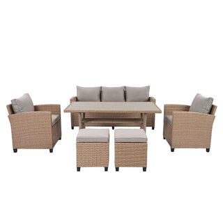 TOPMAX 6-Piece Outdoor Rattan Wicker Set Patio Garden Backyard Sofa, Chair, Stools and Table, Natural