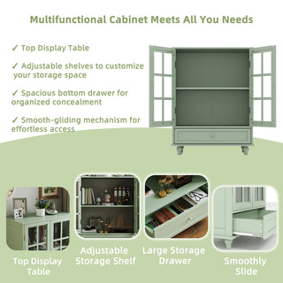 Modern Mint Green Buffet Cabinet with Double Glass Doors - 28" Minimalist Wooden Storage Sideboard