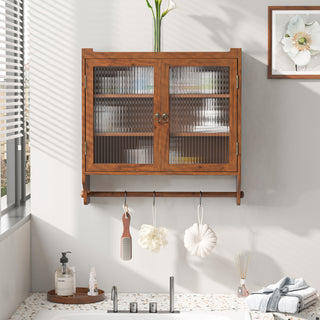 24.8" Glass Door Vintage Double Door Wall Cabinet with Three Tiers of Storage & Towel Rack – Brown, for Bathroom, Kitchen, Dining Room