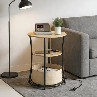 Coffee Table Round Side Table with Charging Station, 3-Tier End Table with Fabric Storage Bag and Shelf, Natural Wood