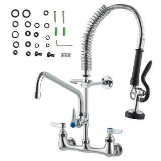 Commercial Faucet with Pre-Rinse Sprayer, 21' Height, 8' Center, 12' Swing Spout, Wall Mount Kitchen Sink Faucet, Brass Constructed Device with Pull Down Spray, for 1/2/3 Compartment Sink
