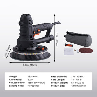 Drywall Sander 800W Brush Motor 1200-2300RPM Variable Speed & Auto Vacuum