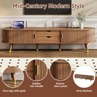 Wooden Oval Fluted TV Stand with Charging Station - 83.5" Walnut Mid-Century Media Consol