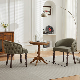 Hand-pulled buckle decoration PU Dining Chair,Accent Leisure Chair, Mid-Century Modern Arm Chair with Solid Wood Armrests and Legs, 1-Seat Cushioned Sofa for Living Room Bedroom,Olive Green color