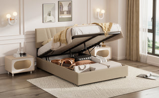 Queen Upholstered Platform Bed with Lifting Storage – Tufted Headboard, Wooden Frame, No Box Spring Needed, Queen Size Bed for Kids, Teens, Adults (Beige)