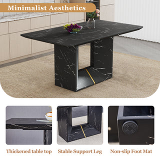 5-Piece Dining Table Set – 63"x35.4" Black Marble Pattern Table with 4 Mid-Century Modern Upholstered Black PU Chairs