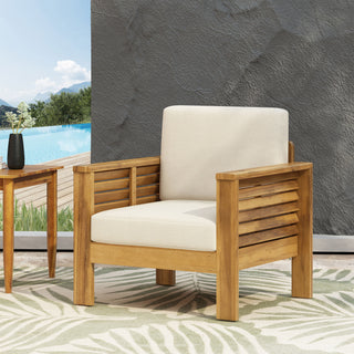Outdoor Acacia Wood Club Chairs with Cushions, Teak+Beige, 27.75'D x 32'W x 27.75'H