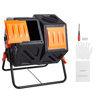 Compost Bin, 37-Gal Dual Chamber Composting Tumbler, High Volume Two Rotating Chambers with 2 Sliding Door and Steel Frame, BPA Free Composter Bin Tumbler for Garden, Kitchen, Yard, Outdoor