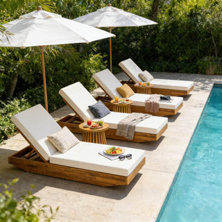 Acacia Wood Chaise Lounge with Cushion | Teak Finish Outdoor Recliner with Cream Water-Repellent Cushion | 79.6” L x 29” W, 300 lb Capacity