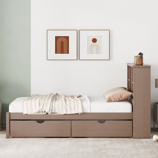 Modern Twin Size Bed Frame with Bookcase Headboard, Built-in USB Charging Ports & 2 Storage Drawers – Walnut Color