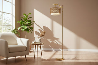 Gold Floor Lamp for Living Room with Remote Control - Dimmable Arc Floor Lamp with 3 Color Temperatures - Boho Standing Lamp with Rattan &amp; Fabric Shades - Modern Tall Adjustable Lamp for Bedroom &amp; Office