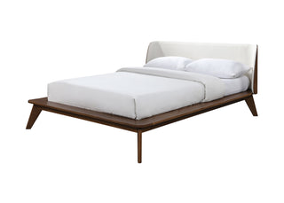 Walnut / Beige Color Full Size Bed 1pc Fabric Winged Edge Headboard Platform Bedframe Mattress Ready Mid-Century Modern Style