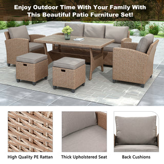 TOPMAX 6-Piece Outdoor Rattan Wicker Set Patio Garden Backyard Sofa, Chair, Stools and Table, Natural