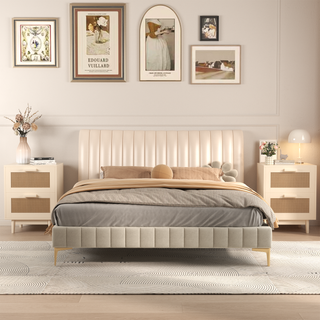 Rattan Nightstand, Wood End Table with 2 Faux Rattan-Decorated Drawers, Bedside Table, Wood Accent Table with Storage for Living Room, Bedroom – Burly Wood