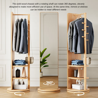 360° Rotating 69'x20' Multifunctional Full Length Mirror with Hook Storage Rack Coat Rack with Mirror Solid Wood Floor Mirror Bedroom Living Room Cloakroom Space Saving (natural wood)