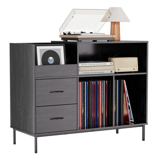 Record Player Stand with Power Outlet & Flip-Down Lid – 27.6" Turntable Table for 300+ Vinyls, Black Wood Grain Media Console with 2 Drawers