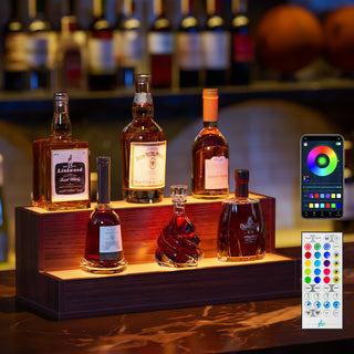 20" Walnut LED Liquor Bottle Display Shelf (2 Step) | App & Remote Control Illuminated Bar Stand