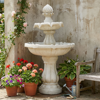 37.4'H 2-Tier White Polyresin Outdoor Water Fountain, Classic Pedestal Cascading Water Feature for Patio Garden Yard Decor