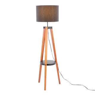 Compass Mid-Century Modern Floor Lamp with Shelf in Walnut Wood, Black Metal and Black Linen by LumiSource