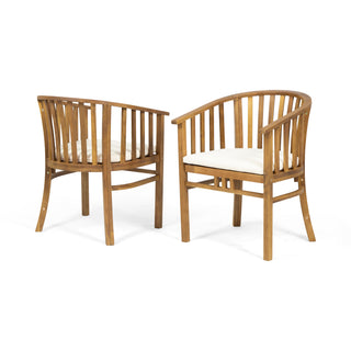 Outdoor Wooden Dining Chairs With Cushions, Set of 2, Cream, Teak Finish