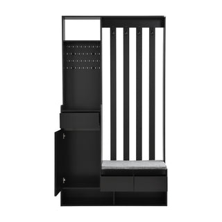 ON-TREND Contemporary 39.3''Wx70.8''H Hall Tree  Storage with Cushioned Storage Bench, Multifunctional Hallway Shoe Cabinet with Pegboard, Modern Coat Rack with 4 Hooks for Entryway, Mudroom, Black