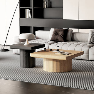 Modern Wood Nesting Coffee Table Set, 2-Piece Coffee Table with Cylindrical & Fluted Pedestal, Minimalist Center Table & Side Table, Versatile Nesting Tables for Living Room, Natural Wood & Black