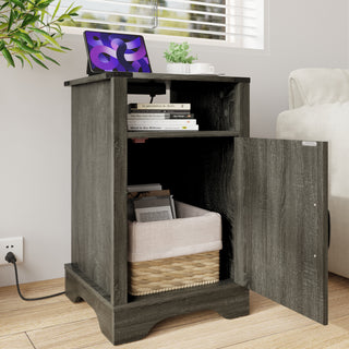 Farmhouse Dark Gray Nightstand with Charging Station - Rustic Wooden Side Table with Outlets