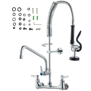 Commercial Faucet with Pre-Rinse Sprayer, 25' Height, 8' Center, 12' Swing Spout, Wall Mount Kitchen Sink Faucet, Brass Constructed Device with Pull Down Spray, for 1/2/3 Compartment Sink