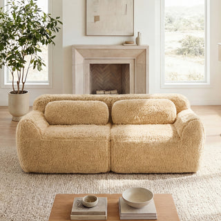 2-seater Modular Sectional Sofa Couches,Soft Fluffy Plush Fabric Bottom Anti-Slip Design,32D High Density Sponge,No Assembly Required Ergonomic Design,With Throw Pillows  For Study,Light Khaki