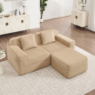 Modular 2 Seat L Shape Sectional Boneless Sofa, Cloud Sectional Couch with Deep Seat, Modern Modular 2-Seat Sofa Couch with Throw Pillows and 1 Movable Ottoman, Corduroy Fabric Camel