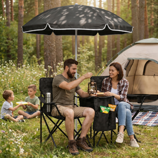 Portable Folding Picnic Chair Set with Umbrella, 2-Person Outdoor Camping Chairs Cup Holders, Foldable Beach Chair Set for Patio, Camping, Backyard, Black